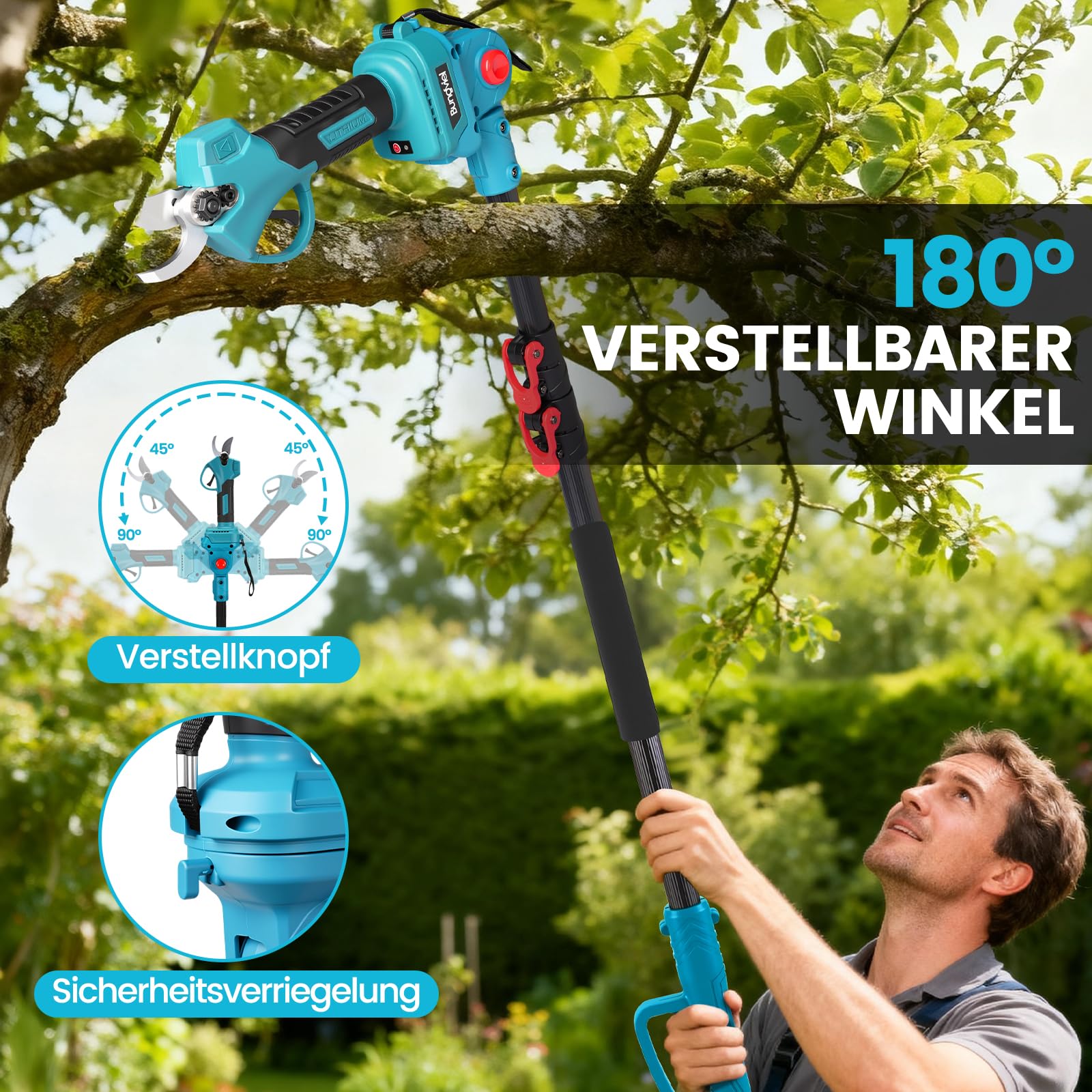 Bundviel 4-in-1 Akku Hochentaster kompatibel mit Makita Akku, Bürstenloser 6 Zoll Mini Kettensäge & 25mm Elektrische Gartenschere 2x 4.0Ah Akku, bis 235,5cm Teleskopstange für Garten Baumschnitt 6