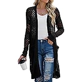 GRECERELLE Womens Lightweight Longer Length Cardigan Long Sleeve Casual Crochet Open-Front Sweater with Pockets