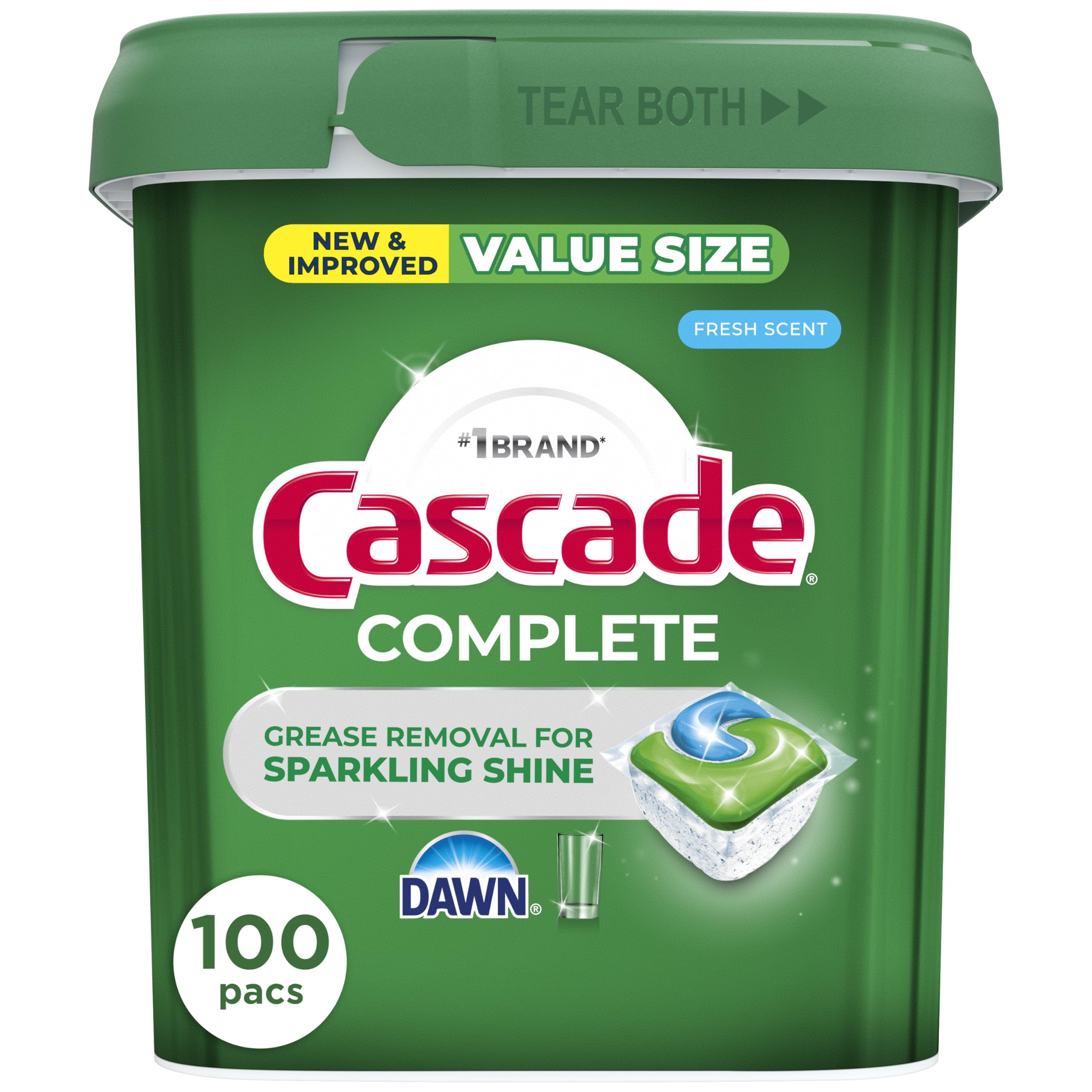 Cascade Complete Dishwasher Detergent Pods Fresh Scent Value Pack, Powerful Dishwasher Pods for Sparkling Clean Dishes, Grease-Fighting Dishwashing Detergent Tablets, 100 Count