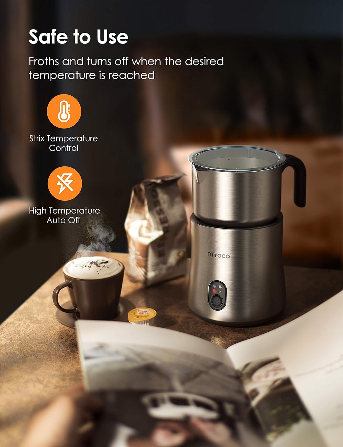 Detachable Milk Frother, 4 in 1 Miroco 16.9oz Automatic Stainless Steel Milk Steamer with Hot & Cold Foam Latte, Cappuccino, Macchiato, Warm Milk, Hot Chocolate, Dishwasher Safe, Silent Operation, 120V: Kitchen & Dining