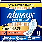 Always Ultra Thin Feminine Pads with Wings for Women, Size 4, Overnight Absorbency, Unscented, Up to 100% Leak-Free Comfort, 96 Count