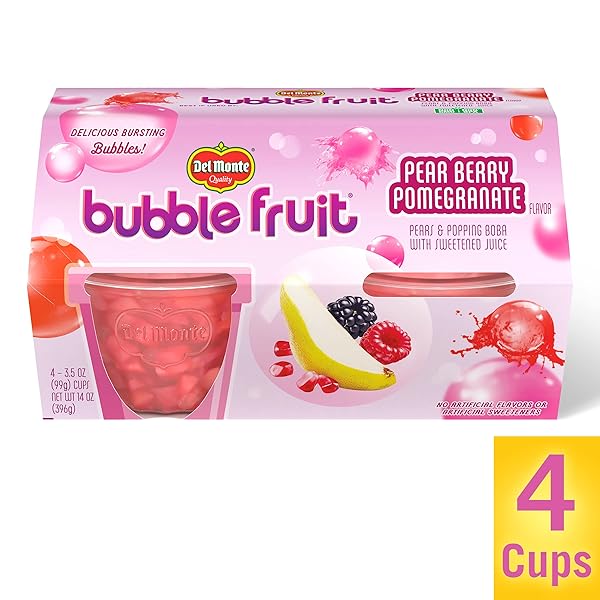 DEL MONTE BUBBLE FRUIT PEAR BERRY POMEGRANATE PEARS & POPPING BOBA WITH SWEETENED JUICE 4-3.5 OZ. CUPS, RED