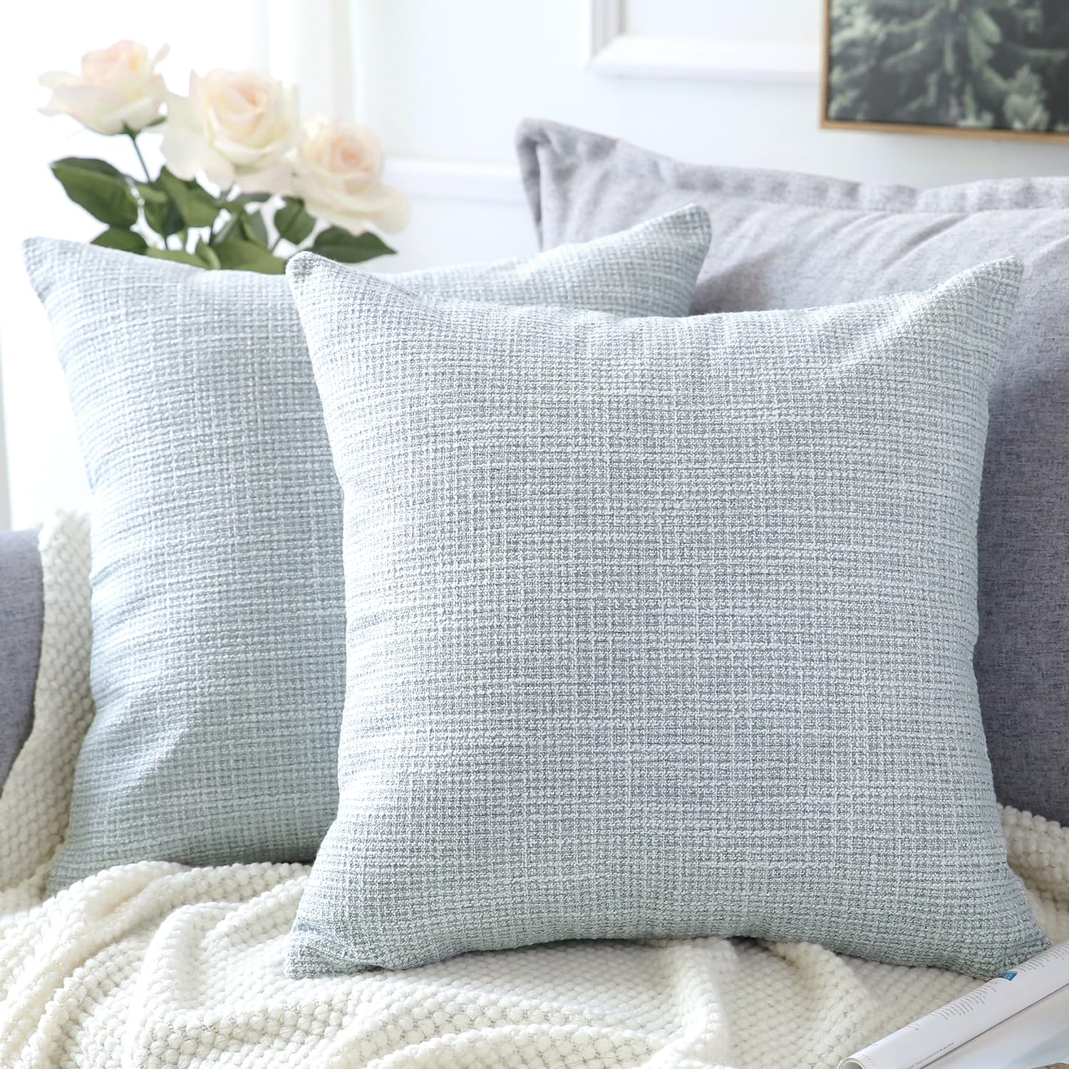 Photo 1 of OTOSTAR Linen Throw Pillow Covers Set of 2 Decorative Square Pillowcases Cushion Covers 18x18 Inch for Home Decor Sofa Bedroom Car 45 x 45CM Blue Grey