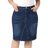 Agnes Orinda Plus Size Denim Skirt for Women High Waist Knee Length Stretch Pockets Casual Midi Jean Pencil Skirts