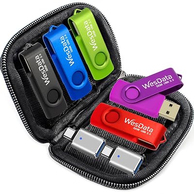 WesData 5 Pack 64GB USB Flash Drive and 2 Pack USB C Adapters in a Case, Thumb Drives Memory Stick Storage and Backup for Smart Phones with Type C Port, Laptops, PC(5 Colors) (64, GB)