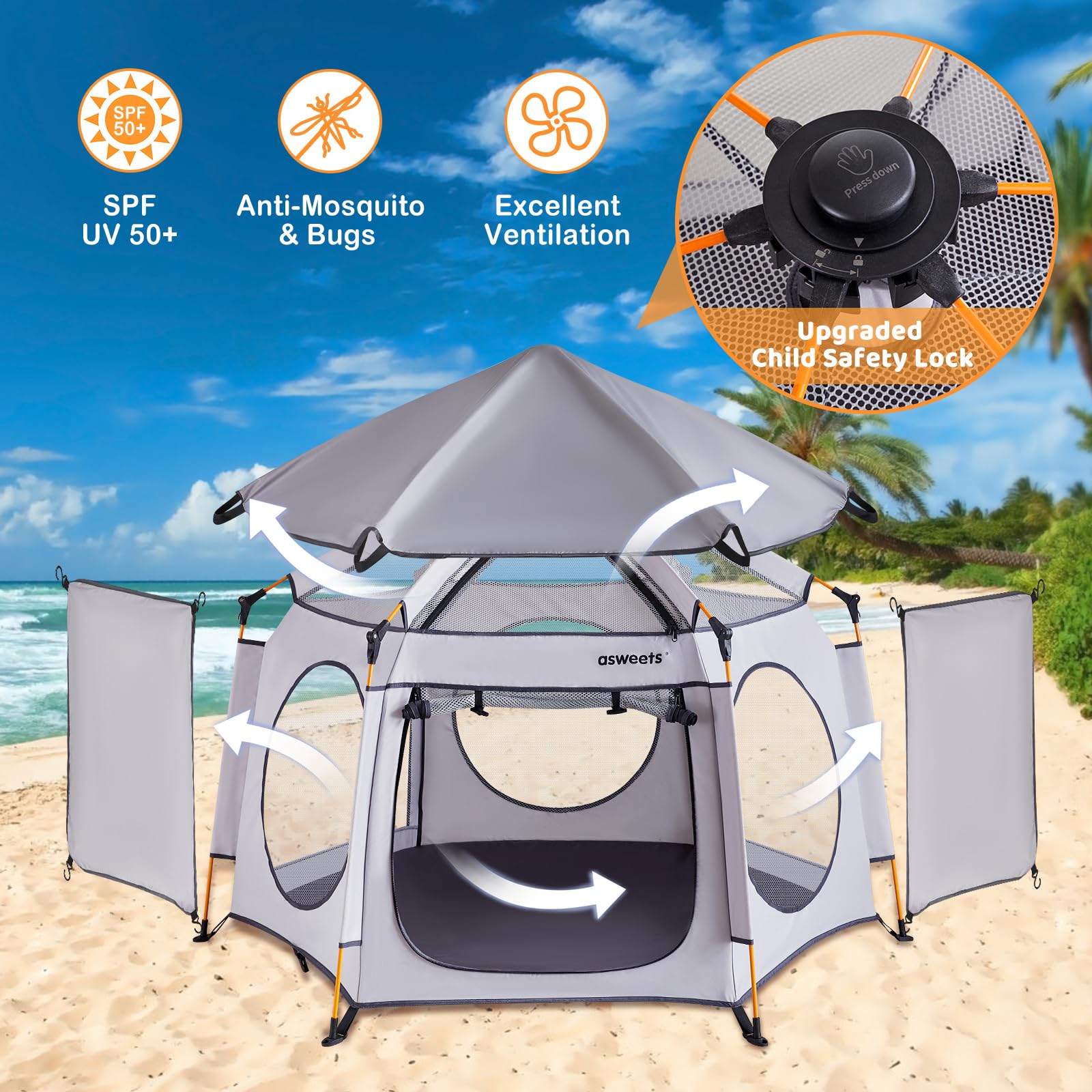 Asweets 4 in 1 Pop Up Playpen Indoor and Outdoor Portable, Lightweight Baby Playpen with Travel Bag,Baby Beach Tent and Play Toddler Play Yard Canopy