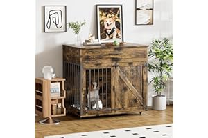 Rophefx Dog Crate Furniture with Storage Drawer, Dog Kennel Furniture, Heavy Duty Wooden Puppy Crate with Lockable Wheels, Modern Decorative Indoor Dog House for Medium Small Dogs, Brown