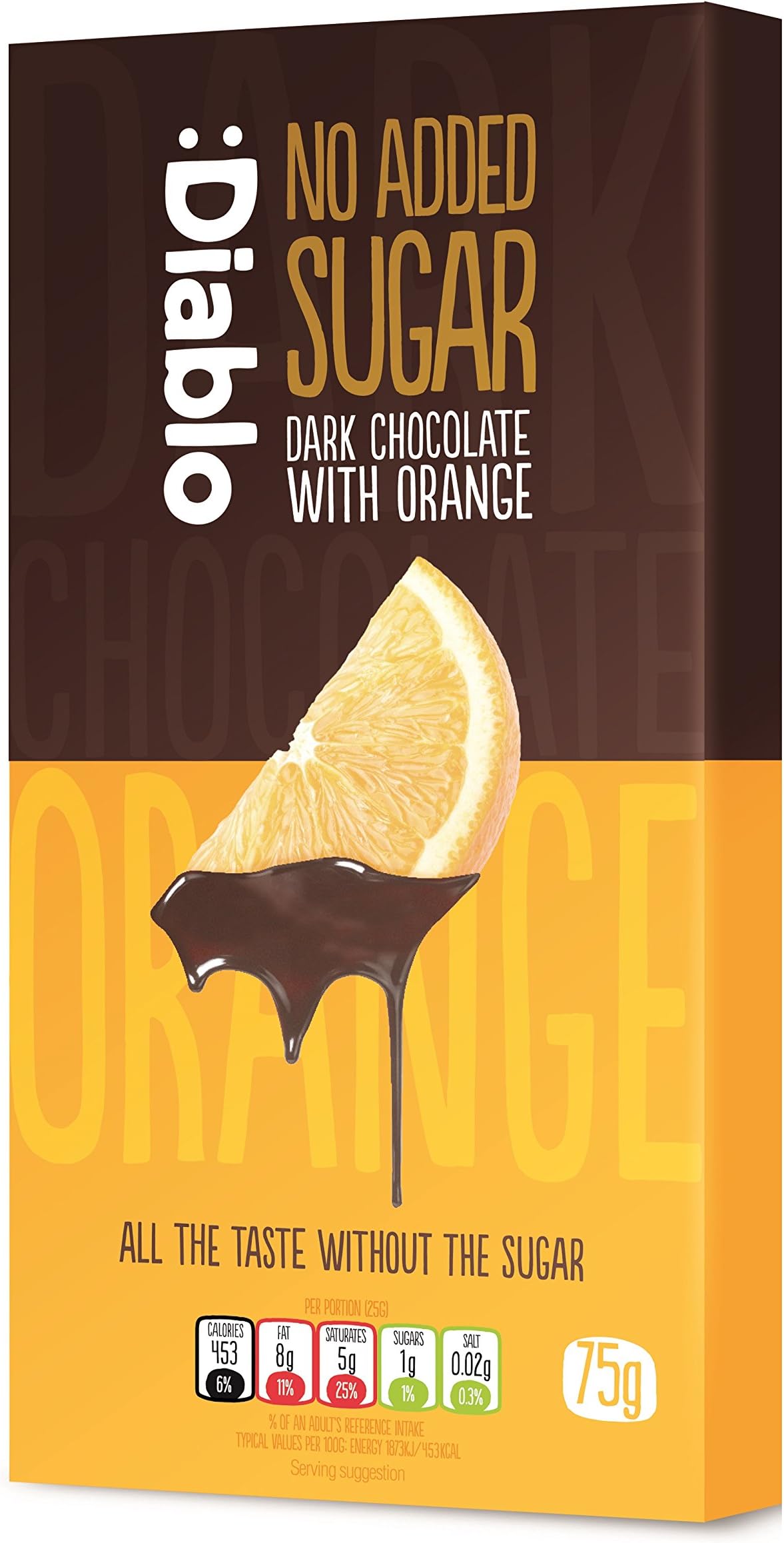 Diablo Dark with Orange Chocolate Bar - No Added Sugar Free 75g (Pack of 5)