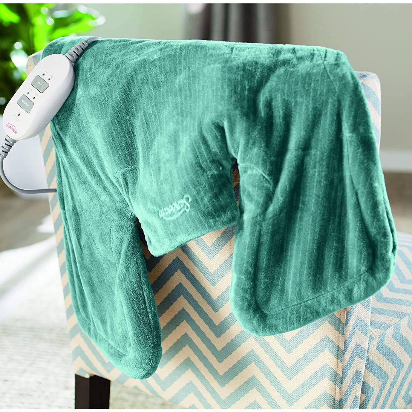 Sunbeam Heating & Massage Pad for Neck & Shoulder Pain Relief, XL Renue, 2 Heat & 2 Massage Settings with Auto-Shutoff, Jade, 25-Inch x 25-Inch