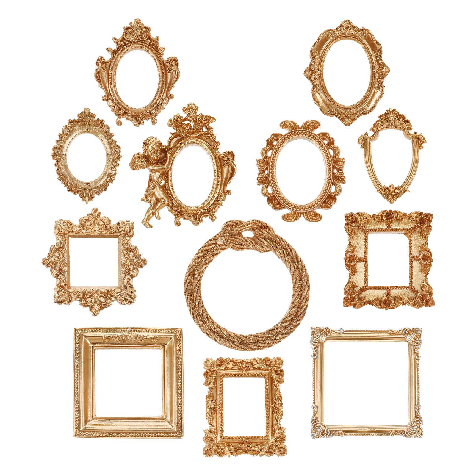 Photo 1 of 12 Pcs Mini Gold Frames Vintage Resin Picture Frame Flower Oval Rectangle Baroque Antique Small Gold Frames Resin Jewelry Display Table Frame for Christmas DIY Jewelry Home Wedding Holiday Party Decor