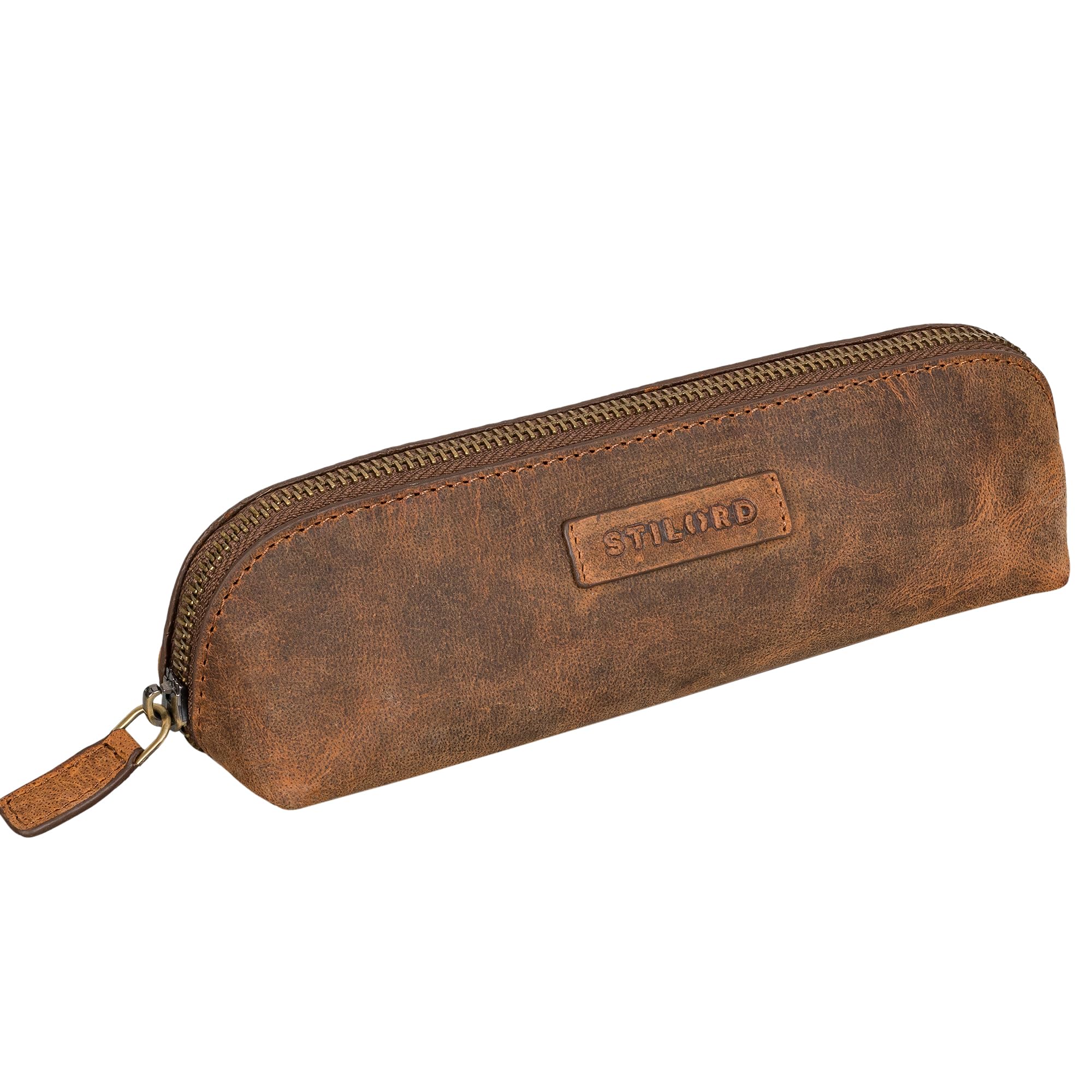 STILORD Alfons Pencil case, Genuine Leather with Zipper, Vintage, 21 x 7 x 7 cm, Avani - Brown