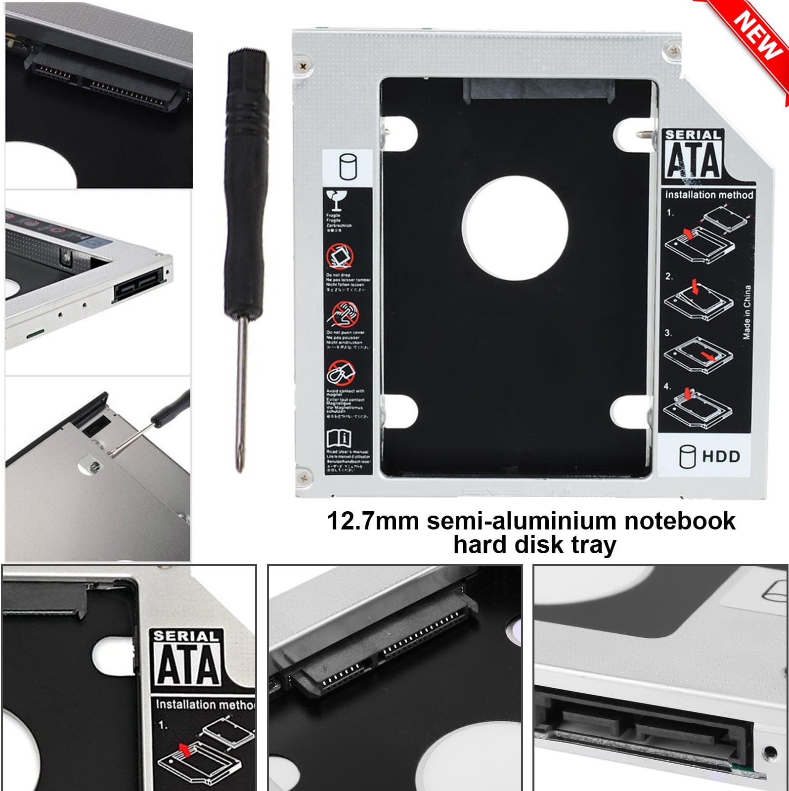 Hard Drive Sata Caddy Tray Universal 2.5" Inches/9.5mm Laptop CD/DVD-ROM Optical Bay Drive Slot 2nd SSD HDD Data Storage Semi-Aluminium Hard Disk Replacement Tray Enclosure Adapter Plug & Play