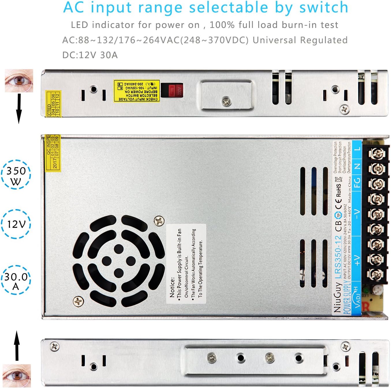 12V 30A DC Switching Power Supply Driver,NIUGUY 350W Switching Converter,Wide Voltage 110V/220V Universal 12V DC Low Voltage Transformer,for Radio, CCTV,Computer Project,LED Strip Light: Home Audio & Theater