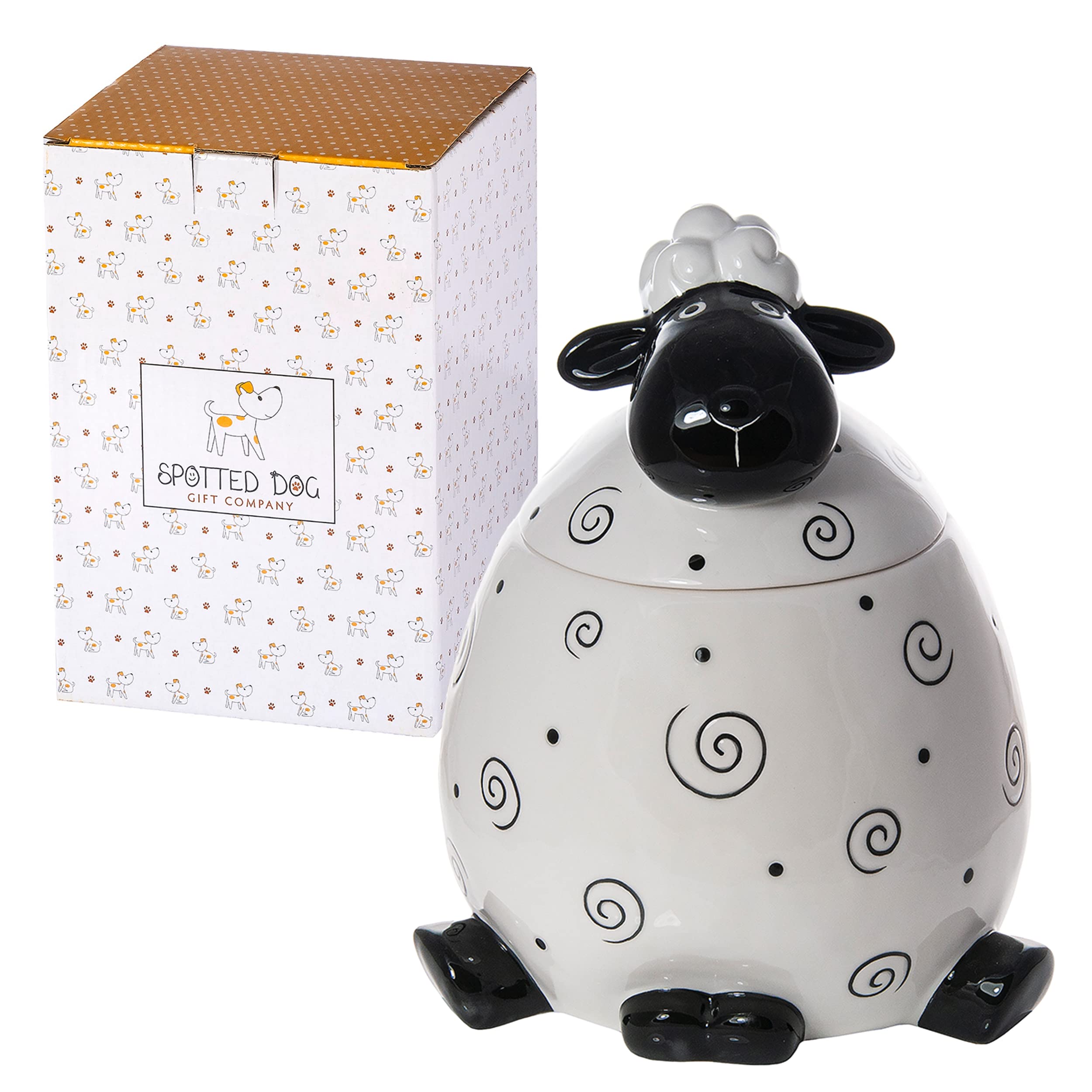 SPOTTED DOG GIFT COMPANY Sheep Cookie Jar with Lid, Ceramic Biscuit Barrel, Large Food Storage Container, Cute Novelty Sheep Gifts for Sheep Lovers & Animal Lovers