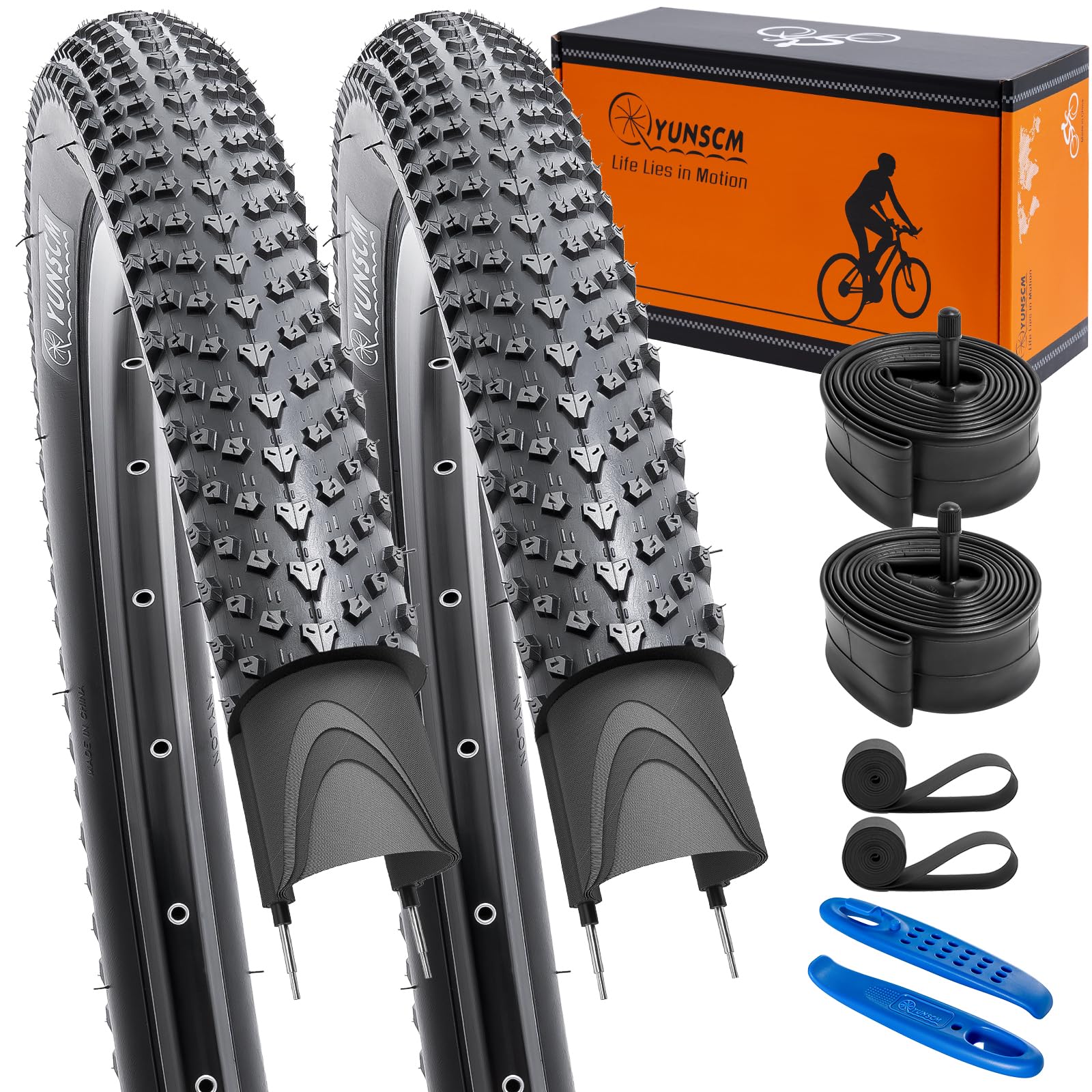 YunSCM 2Pcs Foldable 26 inch Bike Tyres 26x1.95 Tires 50-559 60TPI Nylon Anti-puncture and 2Pcs 26 Bike Tubes AV32mm Schrader Valve Compatible with 54-559 26x1.90 26x1.95 26x2.0 Bike Tires & Tubes