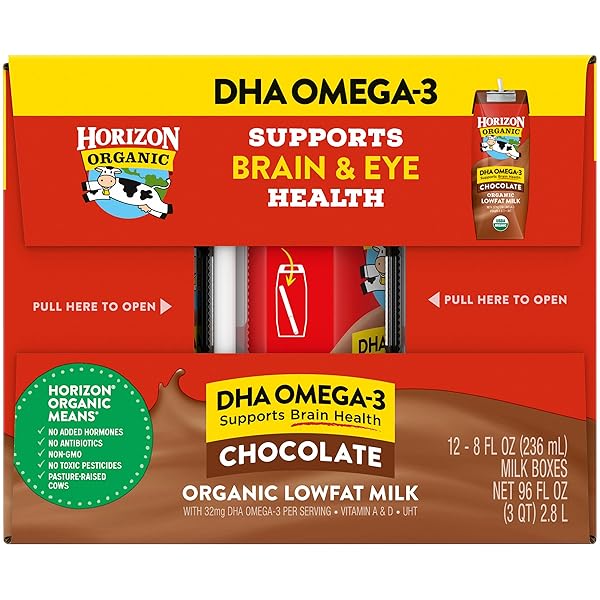 HORIZON ORGANIC SHELF STABLE 1% LOWFAT DHA OMEGA-3 CHOCOLATE MILK BOXES, PACK OF 12 – 8G PROTEIN PER SERVING