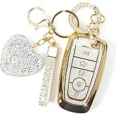 YIKECASE Key Fob Cover with Diamond Keychain for Women, Car Key Holder Compatible with Ford Explorer Fusion Edge Expedition F150 F250 F350 F450 F550 Maverick Mustang Protector, 5 Buttons (White-Heart)
