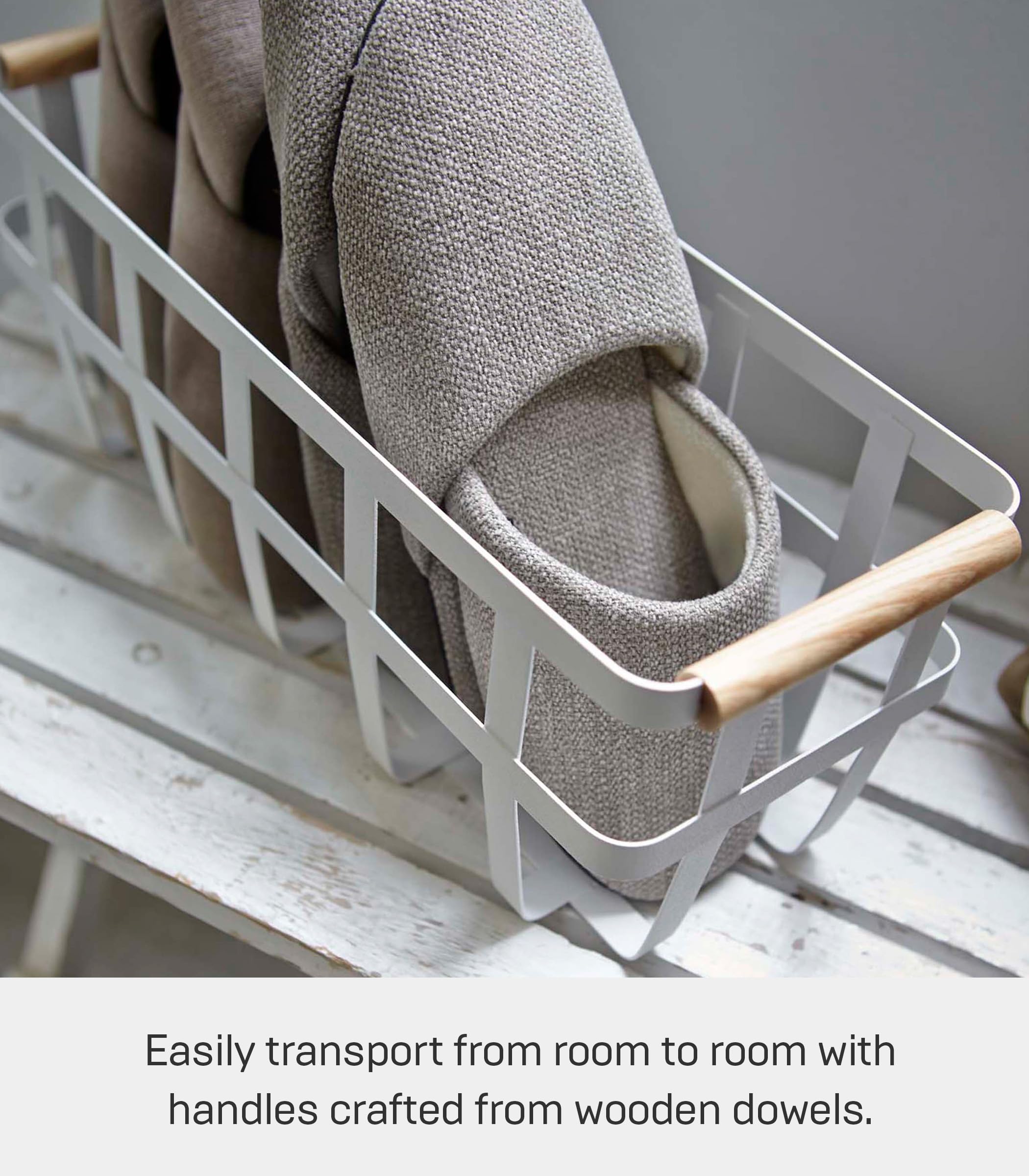 Yamazaki Home Storage Basket - Home Organizer Bin Holder with Wooden Handle Steel + Wood Small White