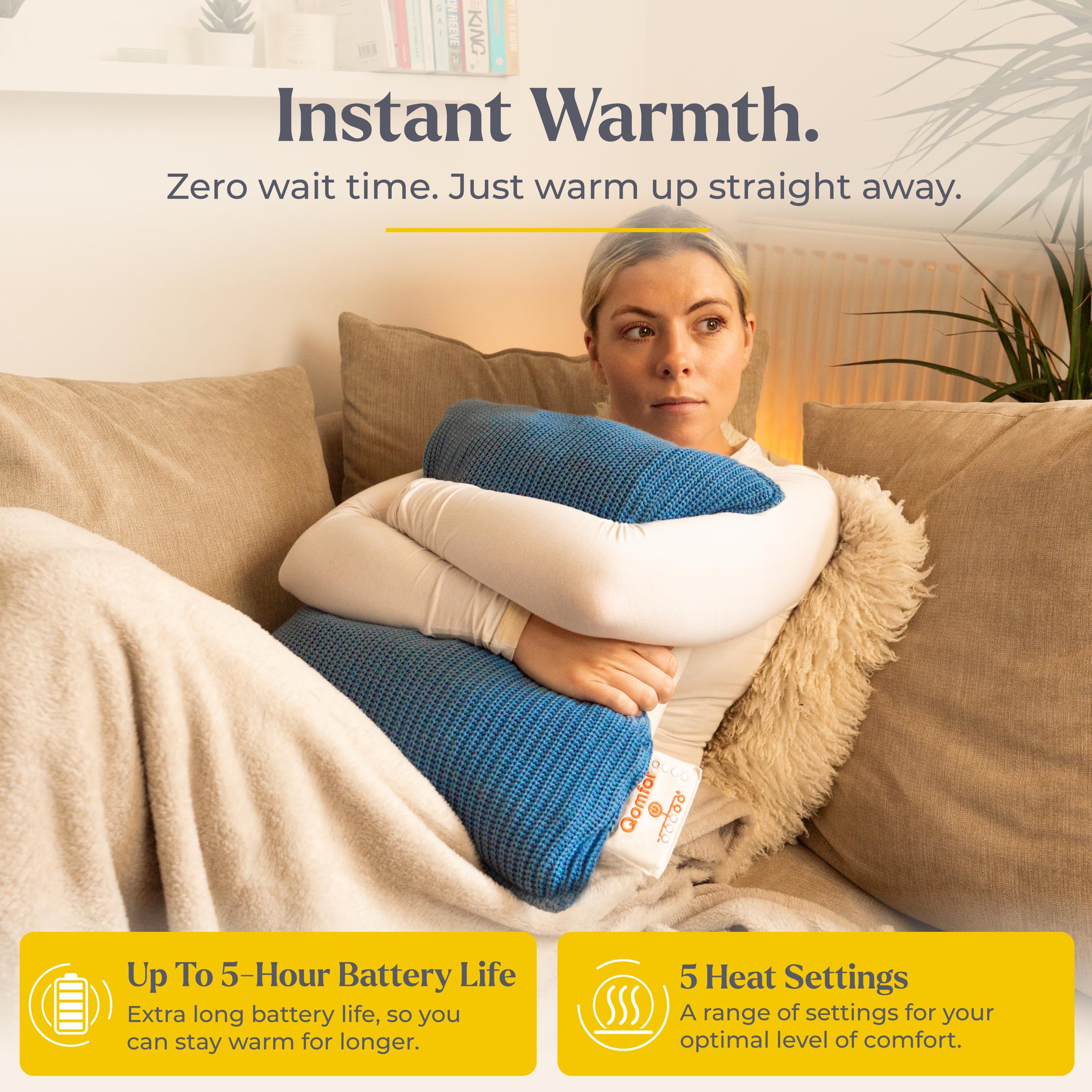 Qomfor Wärmekissen | 5 Wärmestufen & Batteriestandsanzeige | Wärmekissen Kabellos mit gemütlich gestricktem Bezug & Magnetischem Ladekabel | Tragbar & Waschbar | Beheizbares Kissen (Blau - 42x42cm) 2