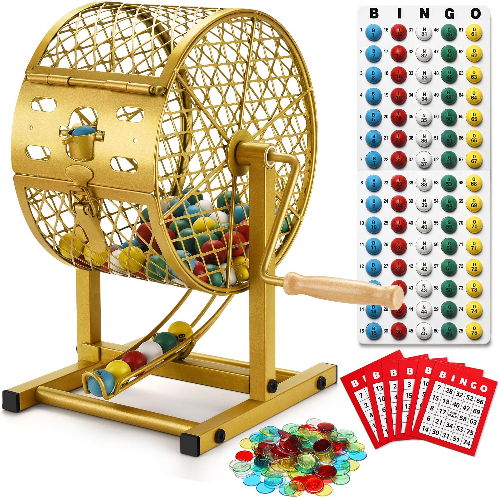 Photo 1 of 12.6" Tall Bingo Game Sets with Steel Cage, Professional Bingo Game for Adults/Kids Includes Colorful Chips, 30 Cards and 75 Balls, Great for Fun Family, Large Groups, Parties