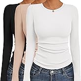 Ekouaer Women's Long Sleeve Shirts 3 Packs Crew Neck Stretchy Fitted Tops Ribbed Base Layer Soft Thermal Undershirts Tee