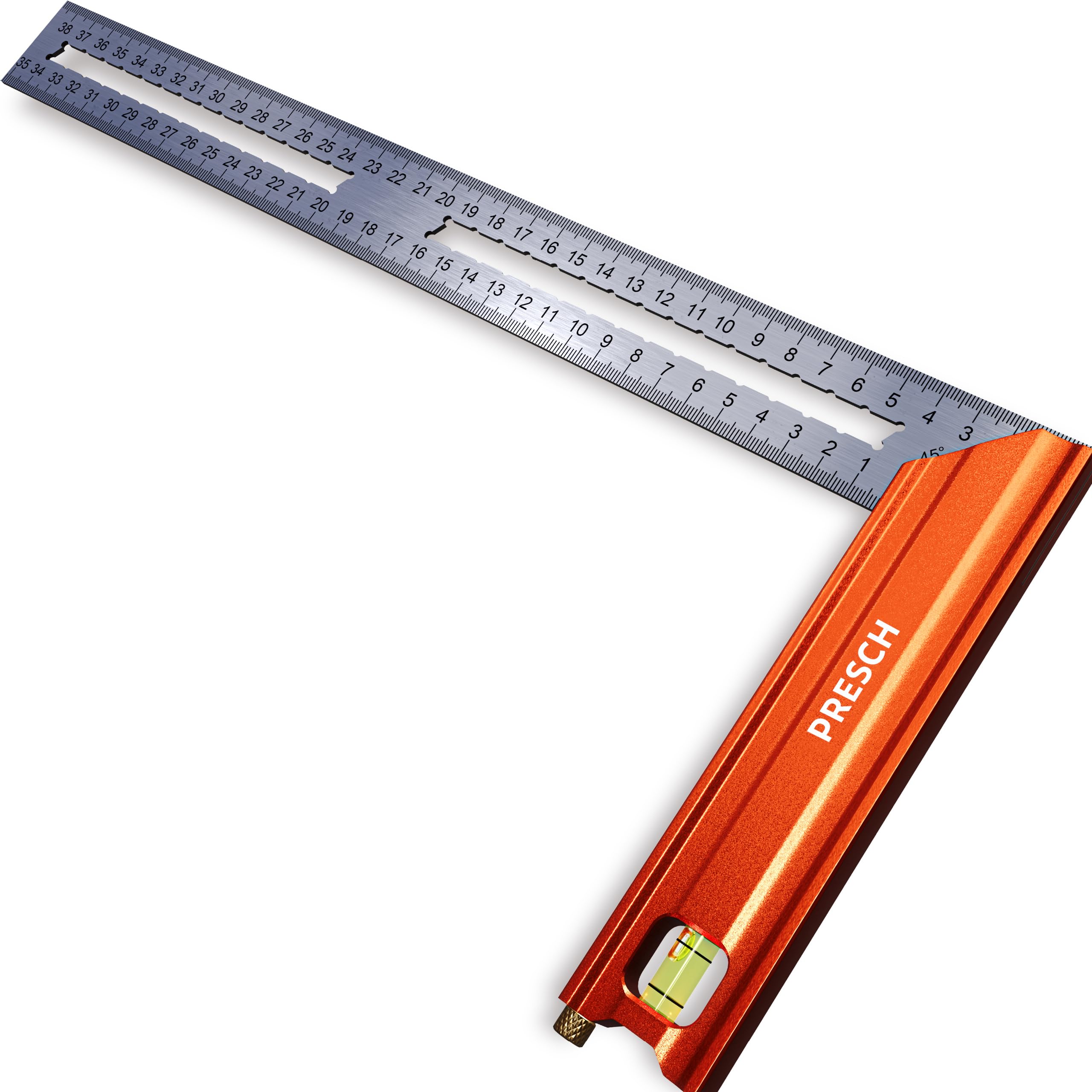Presch Try Square 350 mm | Medium | Includes rust-free marking gauge (35cm), level bubble & marking pin | 90° & 45° | Carpenters square, Precision Square, Joiners Square, Engineers Square