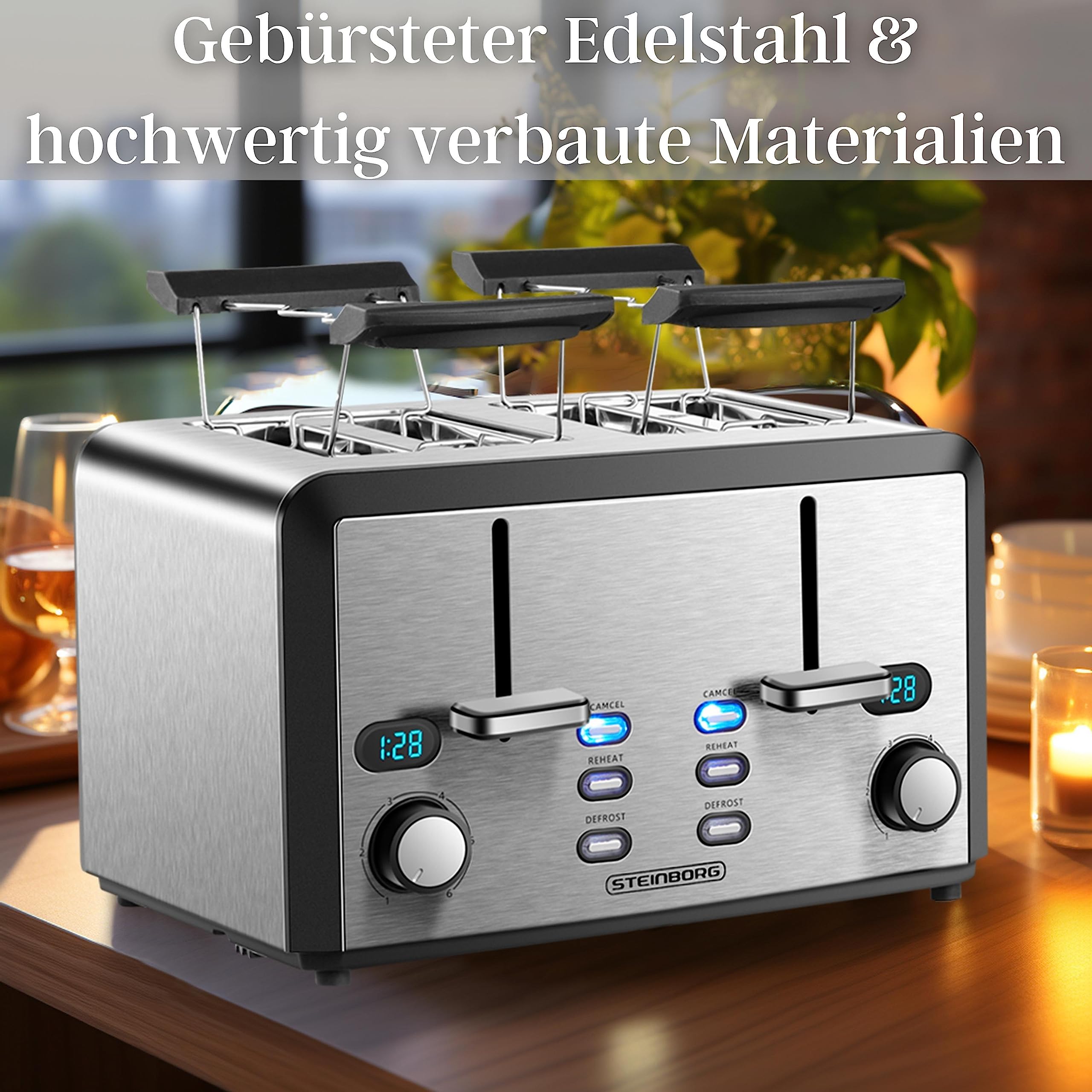 XXL Toaster 4 Toastschlitze | Toastautomat | 1600 Watt | 6-Stufen Bräuneregler | 2x Brötchenaufsatz | Auftau-Funktion | 2x Krümelschubladen | Edelstahl | 4-Fach | LED Displays 3