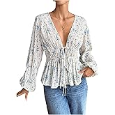 SHENHE Women's Deep V Neck Tie Front Peplum Blouse Lantern Sleeve Floral Ruffle Top Fall Blouse