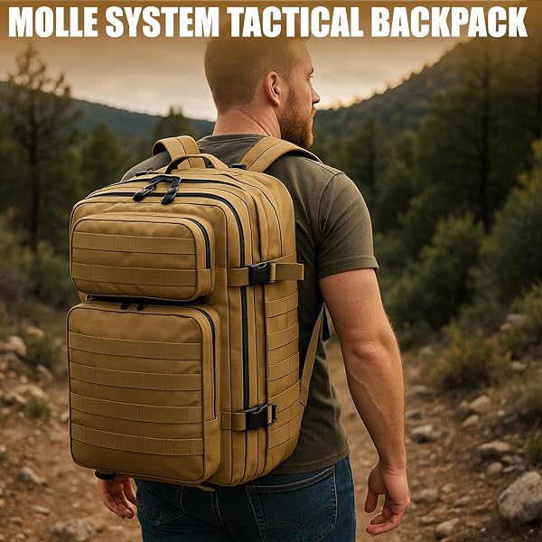 ADVANCAMP 45L MILITARY TACTICAL BACKPACK LARGE DAY PACK FOR MEN – MOLLE RUCKING ASSAULT RUCKSACK, HEAVY-DUTY WATER-RESISTANT BAG FOR HIKING, GYM, TRAVEL & OUTDOOR ADVENTURES – KHAKI
