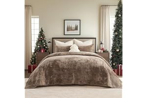EverGrace Velvet Quilt Set King Size, Luxurious Soft Striped Channel Bedding Set, Lightweight Velvet Comforter for All Season, Oversized Bedspread Coverlet with 2 Matching Shams, Mocha Brown