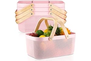 Sadnyy 4 Pcs Plastic Mesh Garden Harvest Basket Storage Basket with Wooden Handle Multi Functional Mesh Bin for Kitchen Cabinet Picnic Fruit Vegetable Gathering Organizer(Large,Pink)
