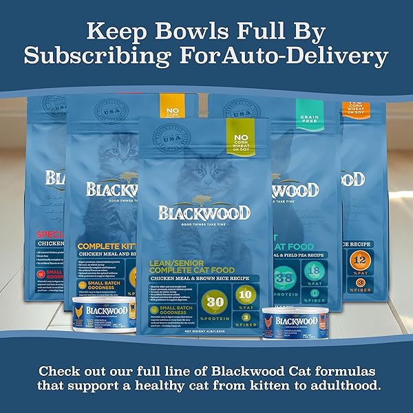 BLACKWOOD DRY CAT FOOD, LEAN / SENIOR FORMULA, CHICKEN MEAL & BROWN RICE RECIPE, 4 POUND BAG, HIGH PROTEIN, SLOW COOKED