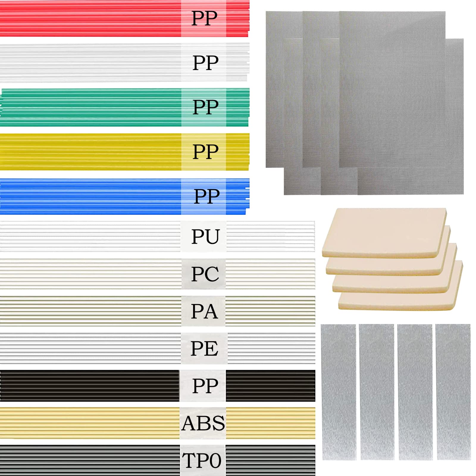 Plastic Welding Rods 106 Pcs,WMLBK Wires Sticks with Stainless Steel Mesh and Sandpaper ABS/PE/PP/TPO/PU/PC Welding Rods for Plastic Welding Kit/Hot Air Gun and Daily Plastic Repair (106)