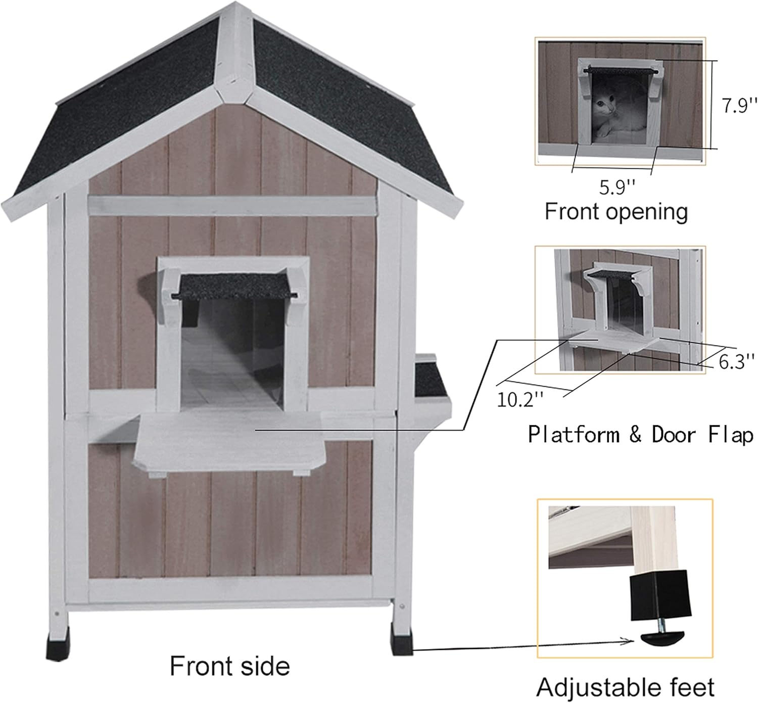 ROCKEVER Feral Cat Shelter Outdoor with Escape Door Rainproof Outside Cat House Two Story for Three-Four Cats Color Grey : Pet Supplies