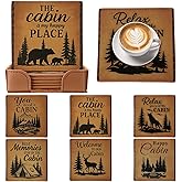 Ferrochef Rustic Cabin Bear Artificial Leather Coasters Set of 6 with Holder Bear Forest Wild Animals Square Leather Drinks Coaster for Farmhouse Country Tabletop Coffee Table Bar Xmas Birthday Gift