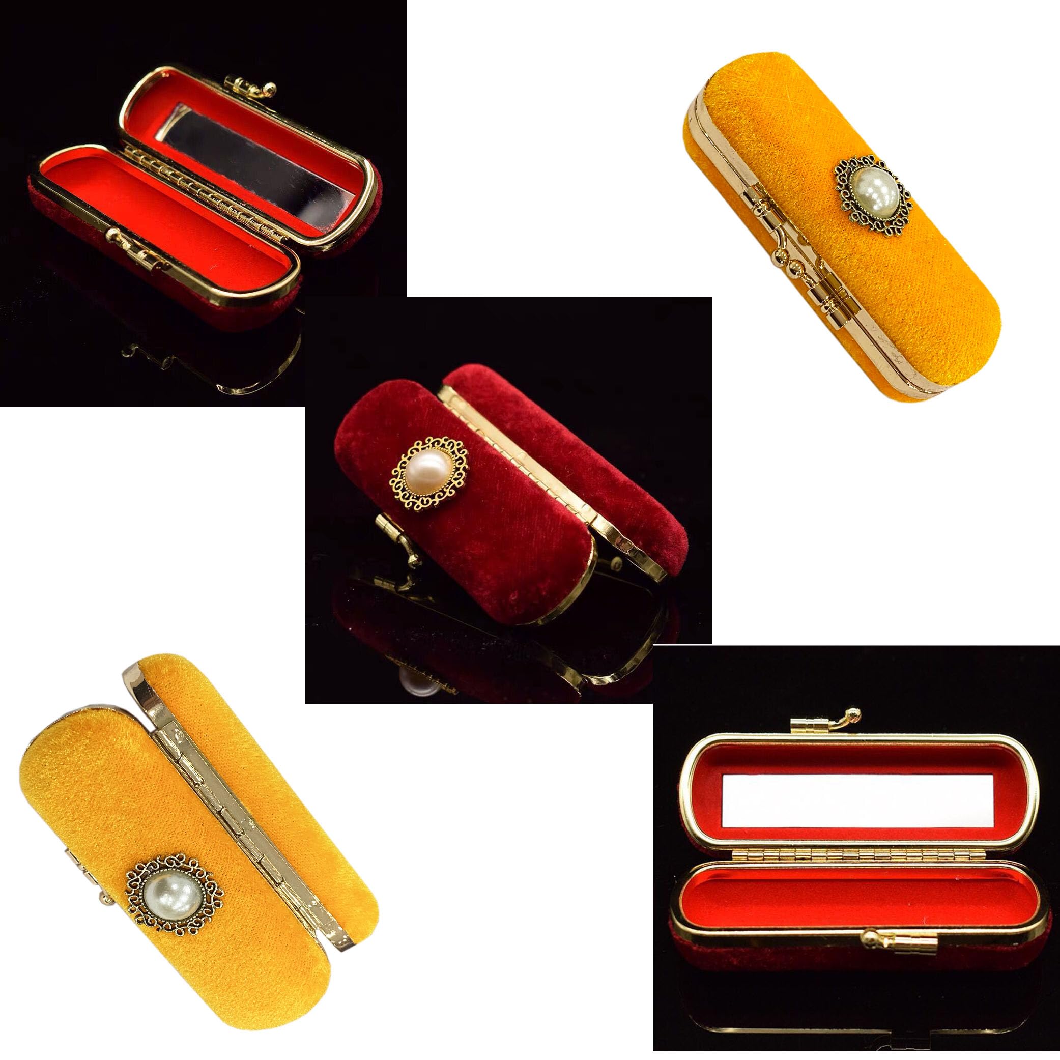 MIAO JIN 2PCS Lipstick case with mirror Lipstick case Storage case Mini portable Pearl Decoration Soft jewelry case cosmetic case (Red ＆ Yellow)