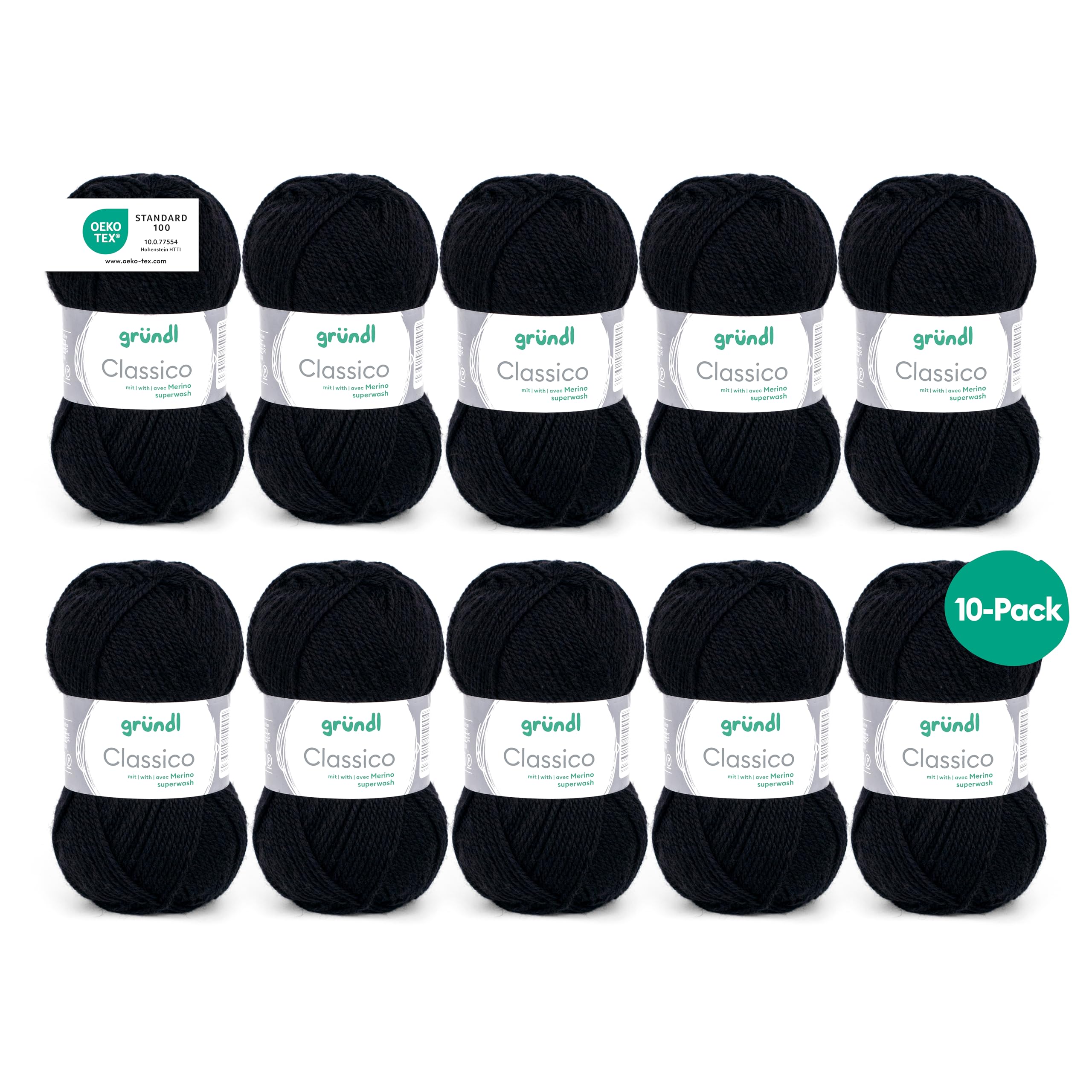 Gründl Classico Value Pack 10 Balls of Hand Knitting Yarn, Virgin Wool (Merino Superwash), 50% Polyacrylic, Black, 30 x 32 x 8 cm