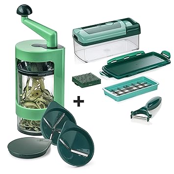 Spiralschneider inkl. Nicer Dicer | Gemüsespaghetti & Gemüsenudeln | Kartoffel/Zucchini/Gemüse/Spirelli Schneider | Küchen Ga