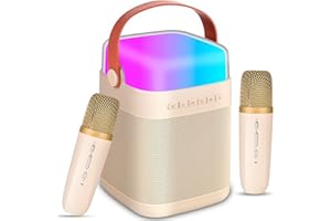 WUGIHAN Portable Karaoke Machine for Kids, Bluetooth Speaker with LED Light, Two Mini Wireless Microphones with Fun Voice Changing Function, Perfect Birthday Party Toy Gift for Teens and Adults (Beige)