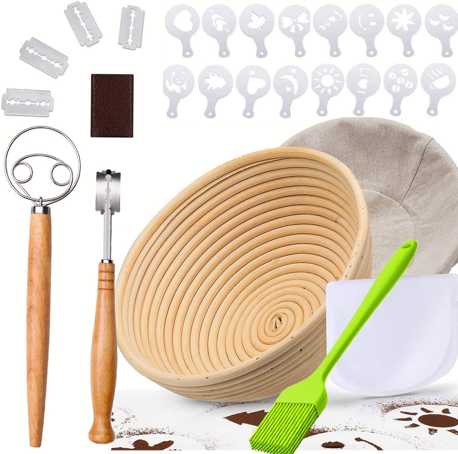 Round Bread Proofing Basket 25cm, CHUSSTANG Banneton Brotform Sourdough Proving Basket Natural Rattan Bowl Baking Tools with Cloth Liner/Bread Lame/Brush/Whisk/Dough Scraper/Decor Stencils