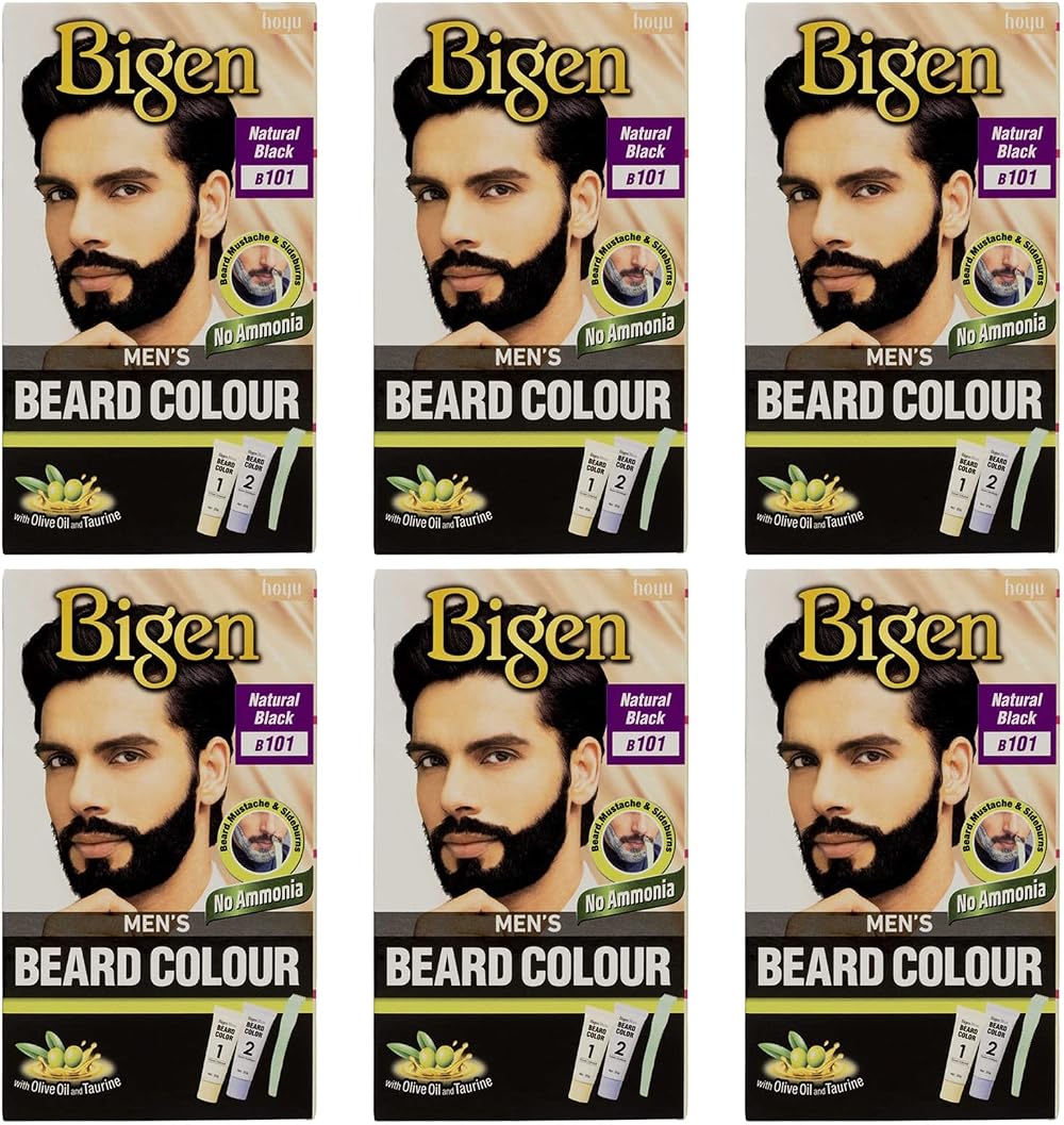 Bigen Men Beard Colour No Ammonia with Aloe Olive Oil Natural Black 101 (6 Pack)