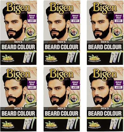 Bigen Men Beard Colour No Ammonia with Aloe Olive Oil Natural Black 101 (6 Pack)
