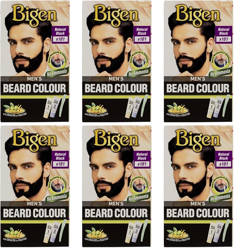 Bigen Men Beard Colour No Ammonia with Aloe Olive Oil Natural Black 101 (6 Pack)