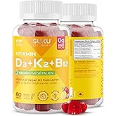 SUKU Vegan D3 + K2 + B12 Gummies – 1000 IU Vitamin D3, Methylated B12 & K2 MK7 – Sugar-Free, Non-GMO, Immune & Bone Support –