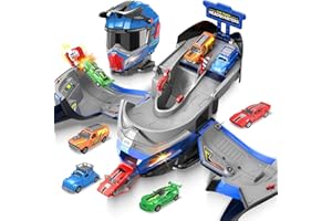 RIANEAN Kids Toys for 2 3 4 5 6 Years Old Boys, Combination City Race Track Playset with 4 Cars, Toddler Car Toys in Helmet Transforms with Lights & Sounds, Birthday for Ages 3-6 Boys Girls
