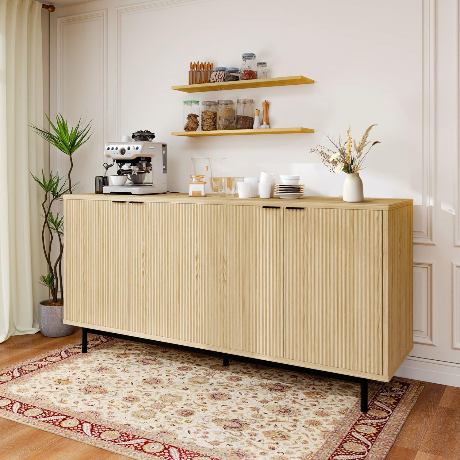 Photo 1 of 58 Inch Fluted Buffet Cabinet with Shelves & 4 Doors, Modern Storage Sideboard for Dining Room Living Room, Space Saving Organizer,Natural