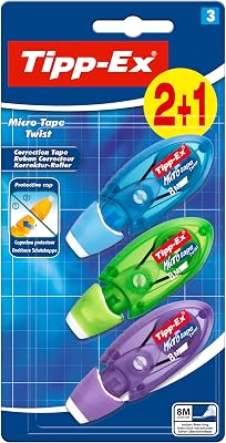 Tipp-Ex Micro Tape Twist Rubans Correcteurs 8m x 5mm (Parfait pour l'école et au Bureau) - Couleurs Assorties, Blister de 2+1