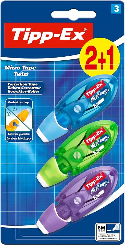 Tipp-Ex Micro Tape Twist Rubans Correcteurs 8m x 5mm (Parfait pour l'école et au Bureau) - Couleurs Assorties, Blister de 2+1