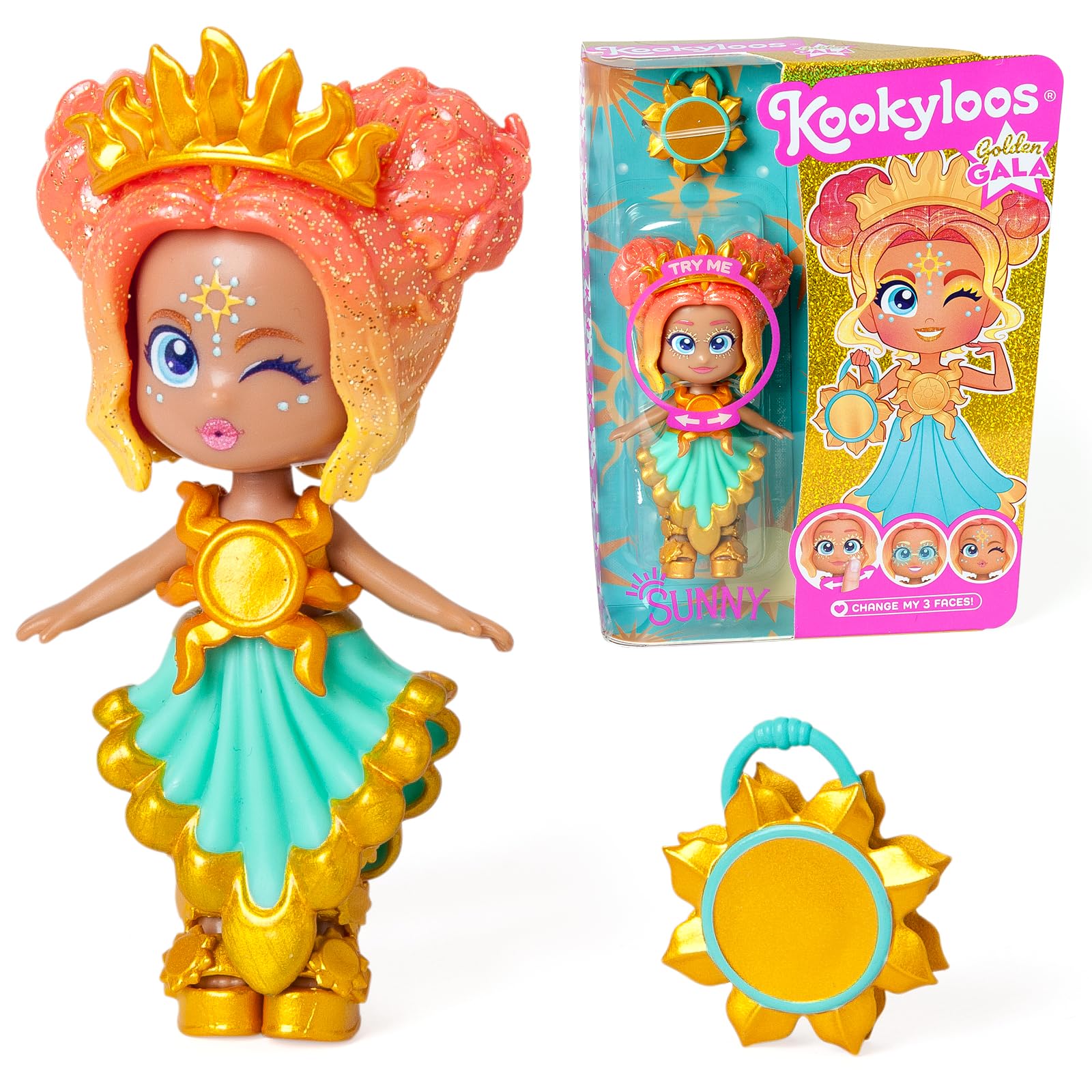 KOOKYLOOS Golden Gala Series Sunny, Collectable Doll with 3 Different Faces, Fashionable Clothes, Shoes and 1 Accessory