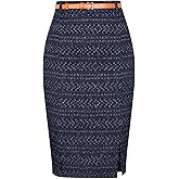 Kate Kasin Women's Tweed Pencil Skirt Knee Length High Waisted Skirts with Slit Elegant Skirts with Belt